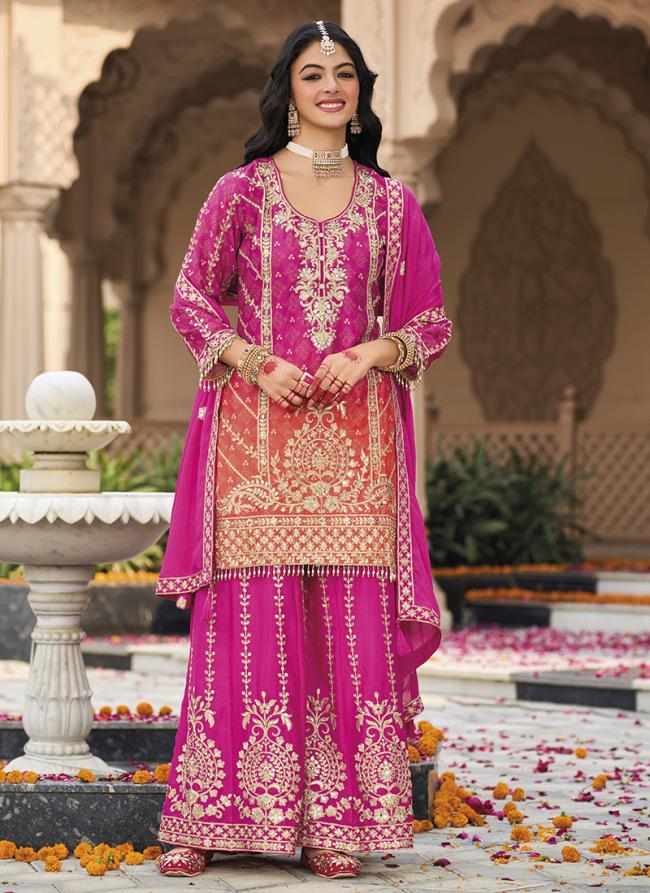 Chinnon Hot Pink Wedding Wear Zari Work Readymade Plazzo Suit